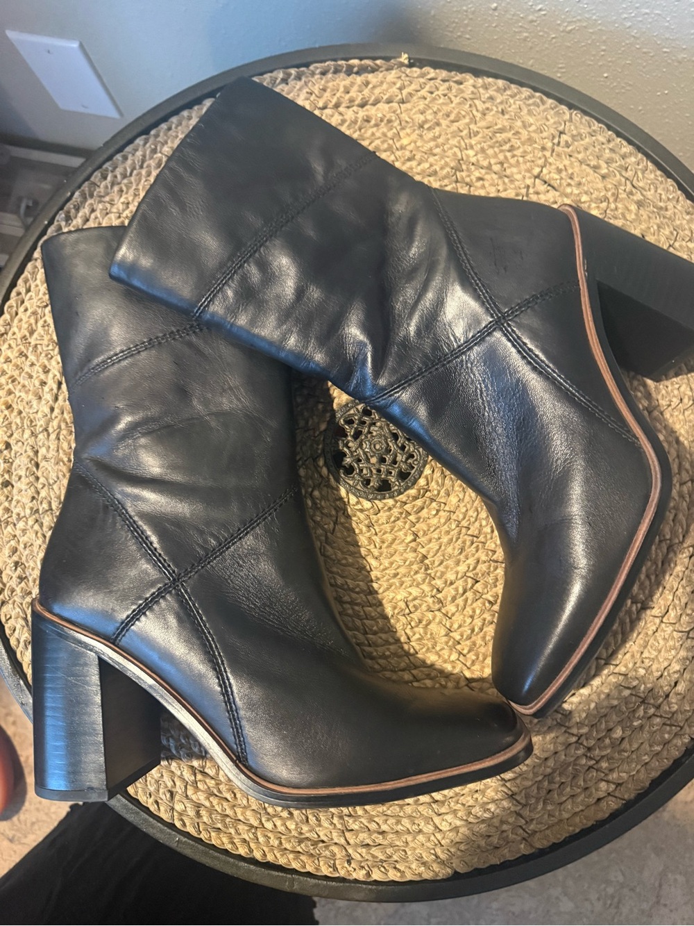 Franco Sarto Black Leather Mid-Calf Block Heel Boots